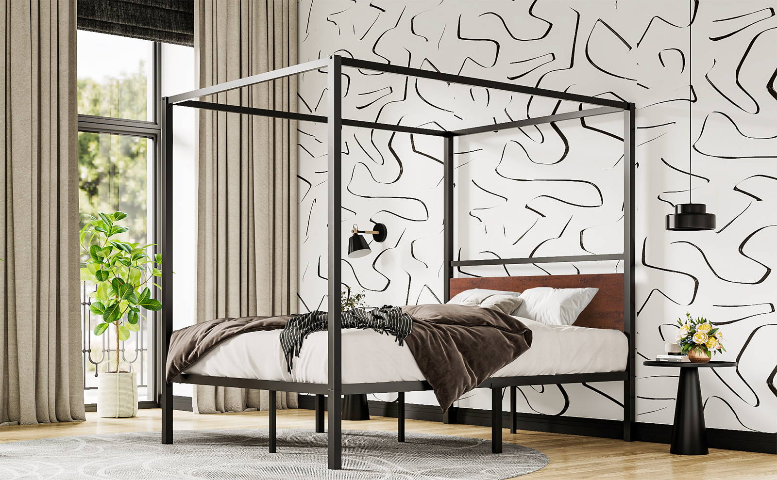 Canopy Bed with Wooden Headboard Sturdy Posters Noise Free No Box S SHA CERLIN